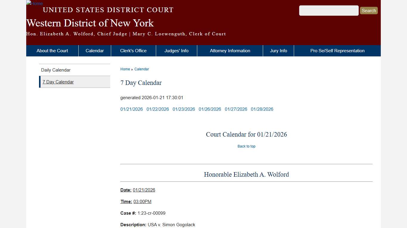 7 Day Calendar | Western District of New York | United States District Court